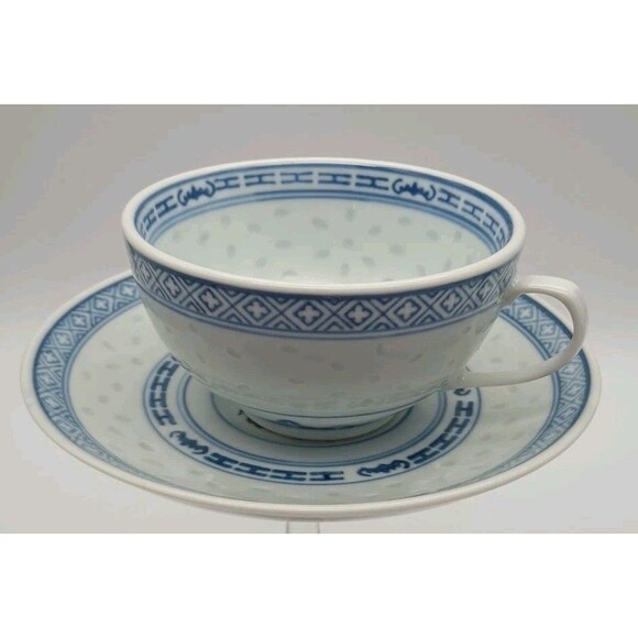 Translucent Tea Cup & Saucer Set Blue Rice Eye White Dragon Vintage Chinese - Picture 1 of 7